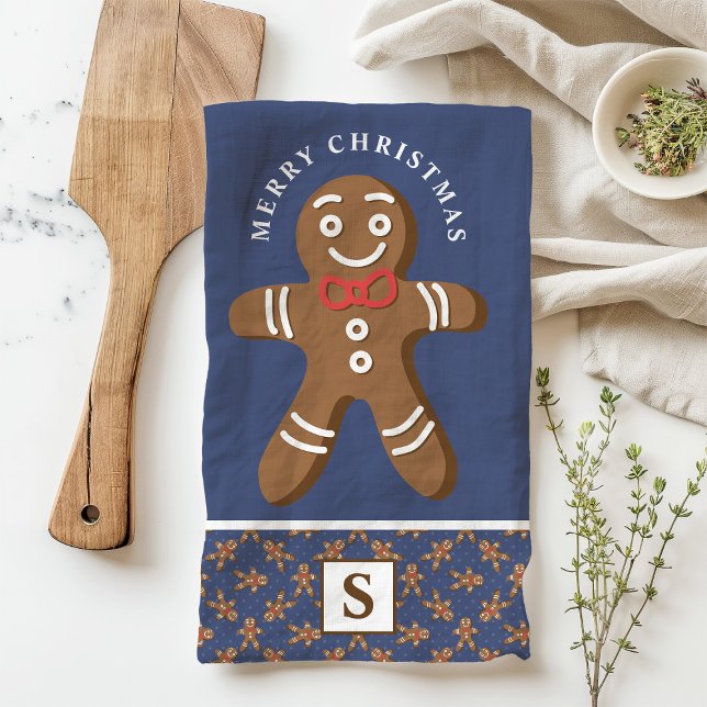 Gingerbread Man Navy Monogram Frohe Weihnachten Geschirrtuch (Von Creator hochgeladen)