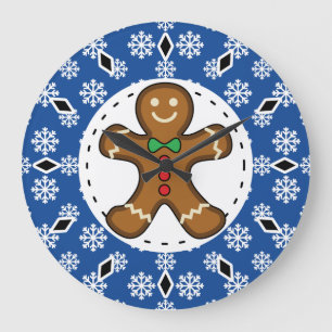 Gingerbread Man on Blue White Snowflakes Pattern Große Wanduhr