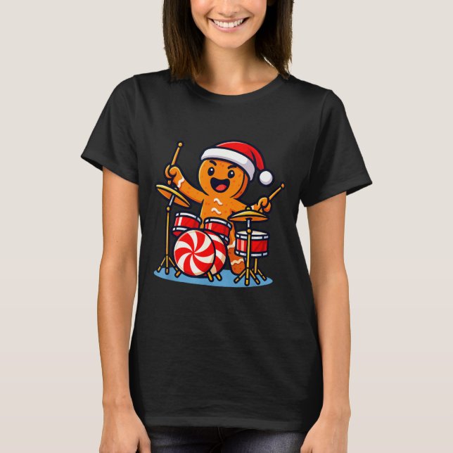 Gingerbread Man Playing Drums  T-Shirt (Vorderseite)