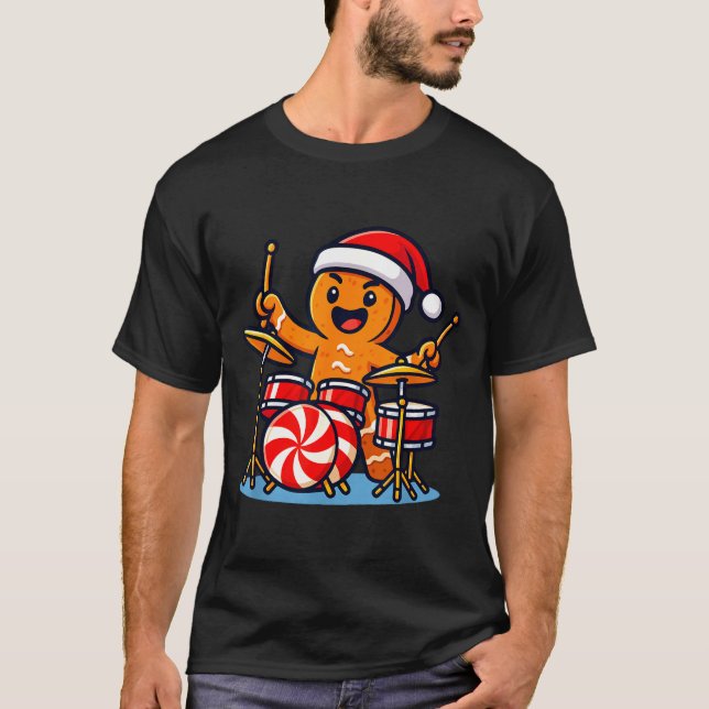 Gingerbread Man Playing Drums  T-Shirt (Vorderseite)