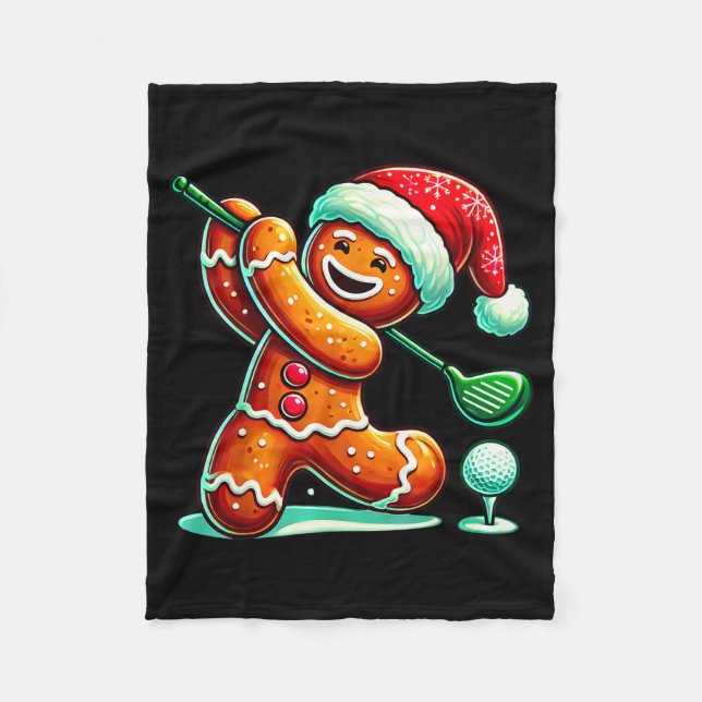 Gingerbread Man Plays Golf Christmas Golfing Santa Fleecedecke (Vorderseite)