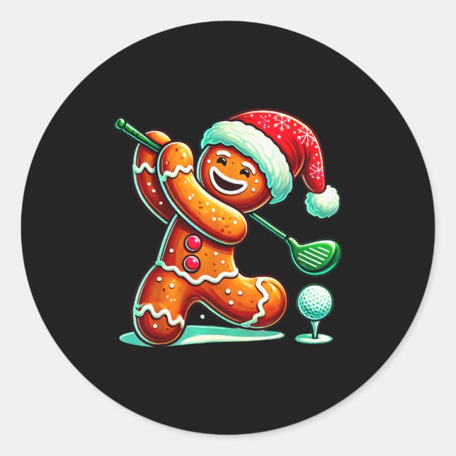 Gingerbread Man Plays Golf Christmas Golfing Santa Runder Aufkleber (Vorderseite)