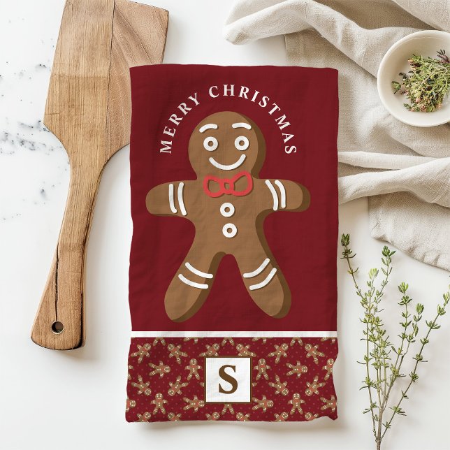 Gingerbread Man Red Monogram Frohe Weihnachten Geschirrtuch (Von Creator hochgeladen)