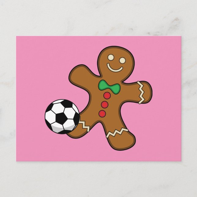 Gingerbread Man spielt Fußball Feiertagspostkarte (Vorderseite)