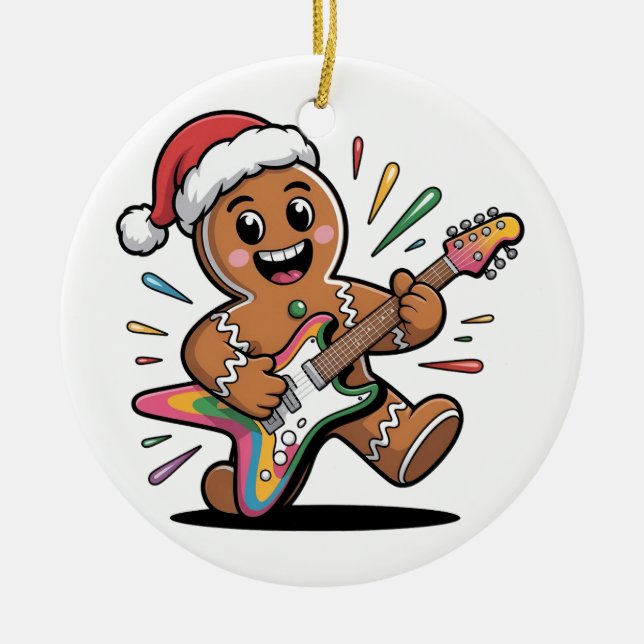 Gingerbread Man spielt Gitarre Electric Santa Keramik Ornament (Vorne)