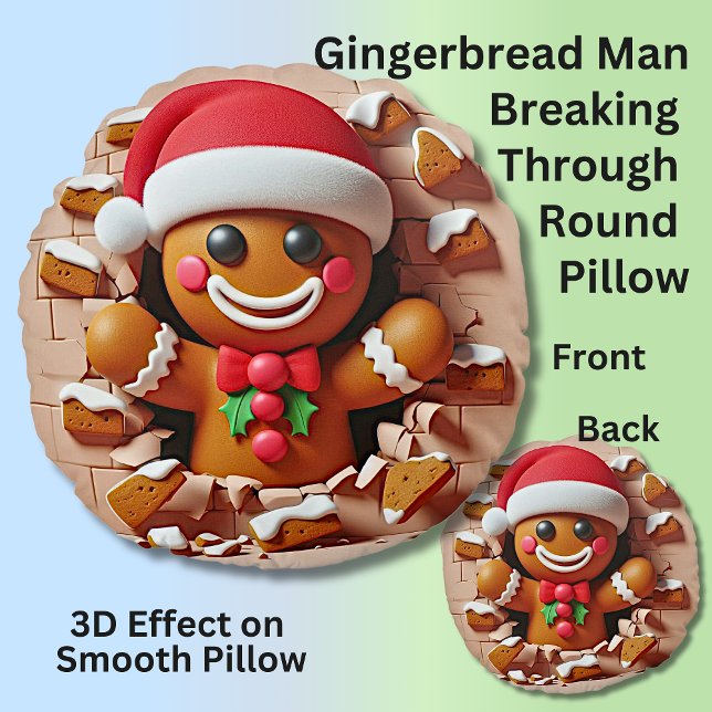 Gingerbread Man Through Gingerbread Wall 3D-Effekt Rundes Kissen (Von Creator hochgeladen)