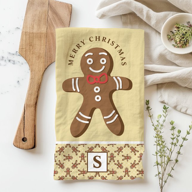 Gingerbread Man Yellow Monogram Frohe Weihnachten Geschirrtuch (Von Creator hochgeladen)