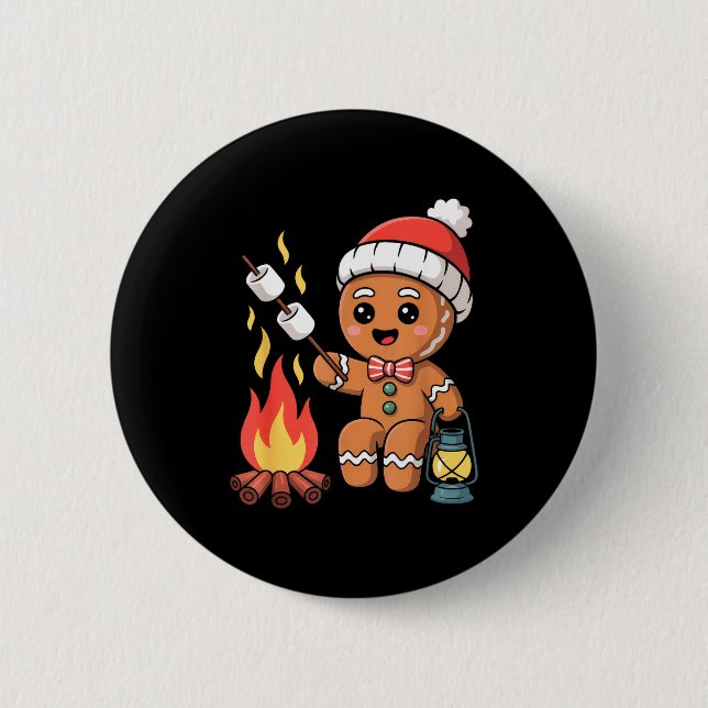 Gingerbread Marshmallow Roaster Camng Christmas  Button (Vorderseite)