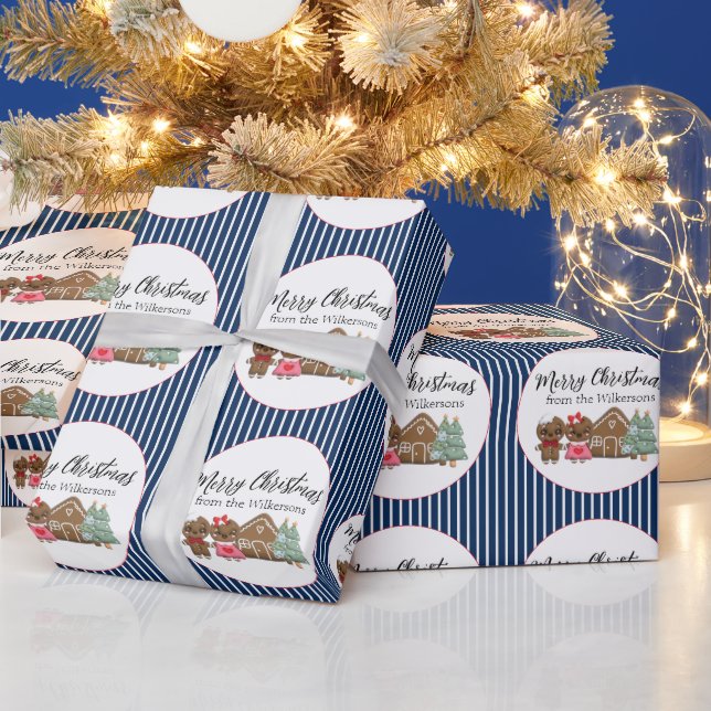 Gingerbread Menschen froh Weihnachts Blue Striped Geschenkpapier (Feiertage)