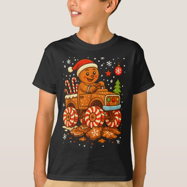 Gingerbread Monster Truck Christmas Snow Cute Xmas T-Shirt (Vorderseite)