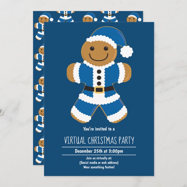 Gingerbread Santa Blue Virtual Christmas Party Einladung (Vorne/Hinten)