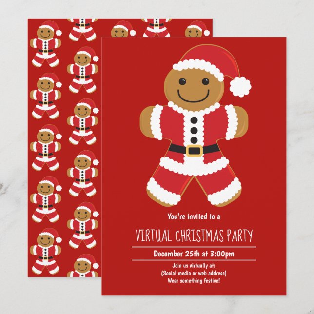 Gingerbread Santa Red Virtual Christmas Party Einladung (Vorne/Hinten)