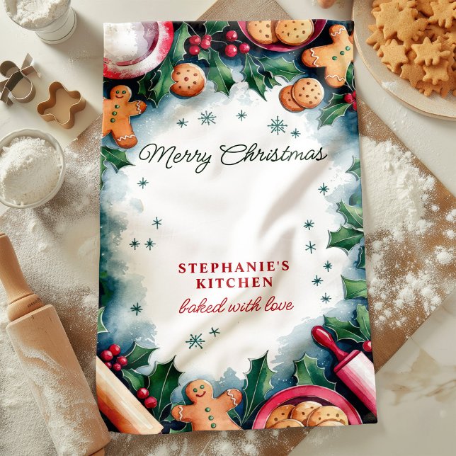 Gingerbread und Holly Frohe Weihnachten Personalis Geschirrtuch (Von Creator hochgeladen)