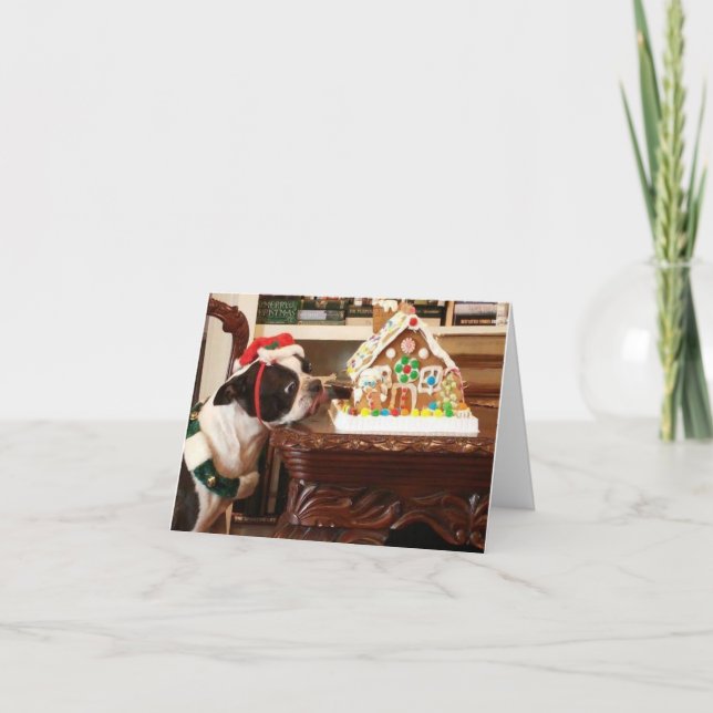 Gingerbrei House Christmas Card Boston Terrier (Vorderseite)