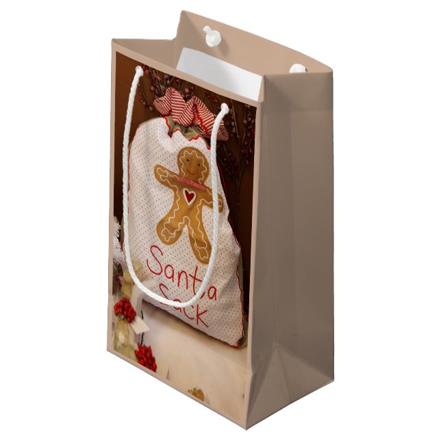 Gingerbrei Man Santa Sack Kleine Tan Geschenktasch Kleine Geschenktüte (Vorderseite Schrägansicht)
