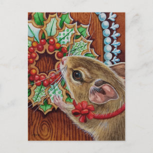 Gingerbrett House Mouse & Wreath Wasserfarbe Kunst Postkarte