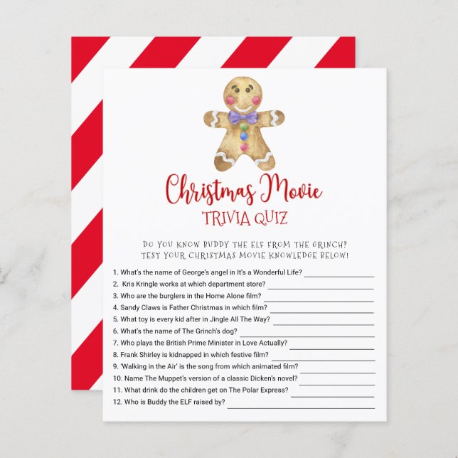 Gingerbrett Weihnachtsfilm TRIVIA QUIZ Game Card (Vorne/Hinten)