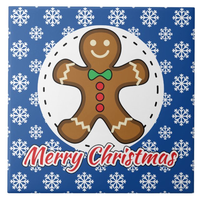 Gingerbrot - Blaue Schneeflocken Muster - Merry Xm Fliese (Vorderseite)