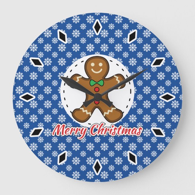 Gingerbrot - Blaue Schneeflocken Muster - Merry Xm Große Wanduhr (Vorderseite)