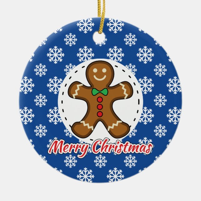 Gingerbrot - Blaue Schneeflocken Muster - Merry Xm Keramik Ornament (Vorne)