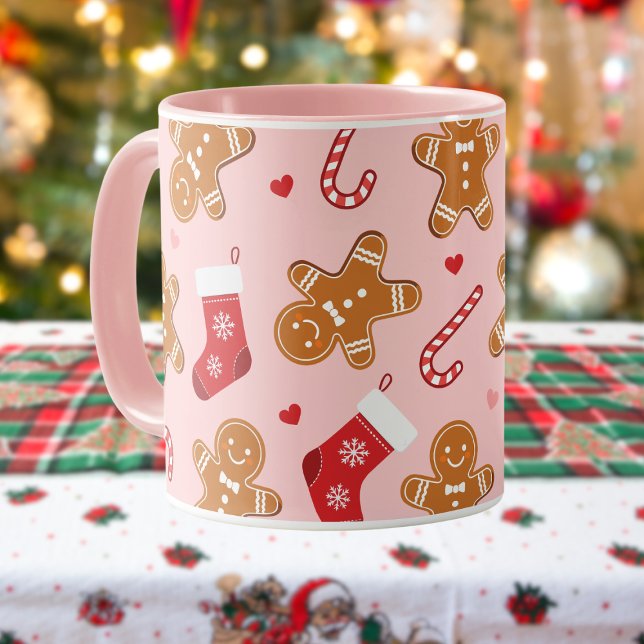 Gingerbrot Candy Cane Strumpf Weihnachtsrosa Tasse (cute gingerbread, candy cane and stockings pink christmas mug )