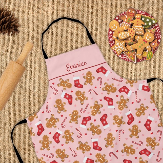 Gingerbrot Candy Cane Strumpfs Pink Weihnachten Schürze (gingerbread, candycane and stockings - cute pink christmas apron)