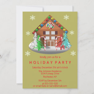 Gingerbrot House Candy Cane Gold Holiday Party Einladung