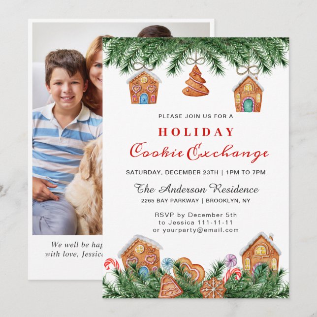 Gingerbrot House, Man Holiday Cookie Exchange Einladung (Vorne/Hinten)