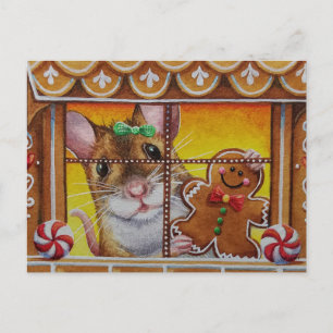 Gingerbrot House Mouse & Cookie Wasserfarbe Kunst Postkarte