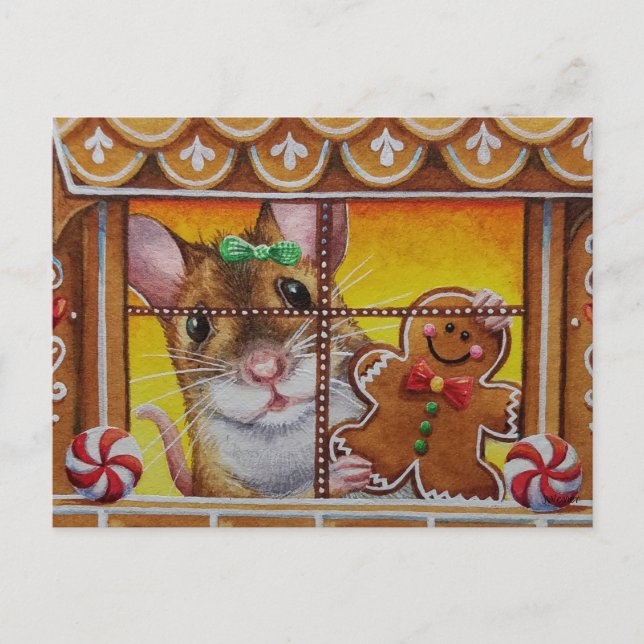 Gingerbrot House Mouse & Cookie Wasserfarbe Kunst Postkarte (Vorderseite)