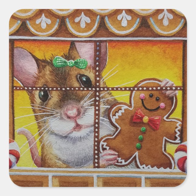 Gingerbrot House Mouse & Cookie Wasserfarbe Kunst Quadratischer Aufkleber (Vorderseite)
