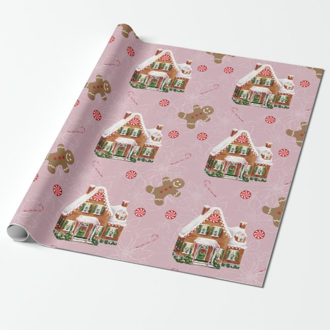 Gingerbrot House Pink Weihnachtswrapping Paper Geschenkpapier (Ungerollt)