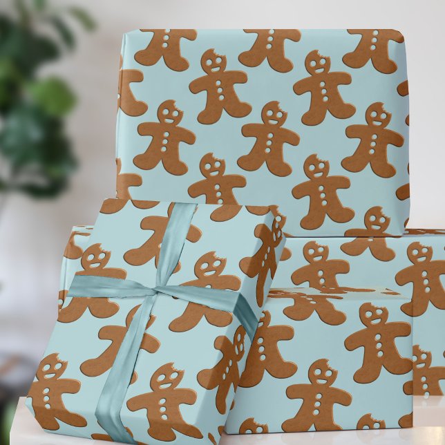 Gingerbrot Man Muster Weihnachtswrapping Paper Geschenkpapier (A fun and festive gingerbread cookie pattern on a robin egg blue. Not traditional but full of joy!)
