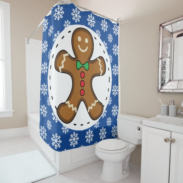 Gingerbrot Man on Blue White Snowflakes Pattern Duschvorhang (Beispiel)