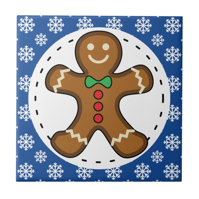 Gingerbrot Man on Blue White Snowflakes Pattern Fliese (Vorderseite)