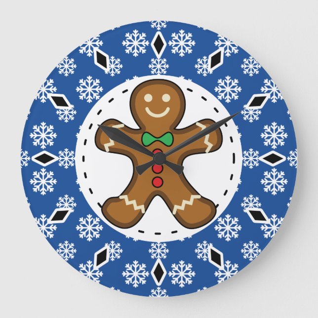 Gingerbrot Man on Blue White Snowflakes Pattern Große Wanduhr (Vorderseite)
