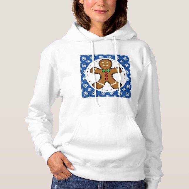 Gingerbrot Man on Blue White Snowflakes Pattern Hoodie (Vorderseite)