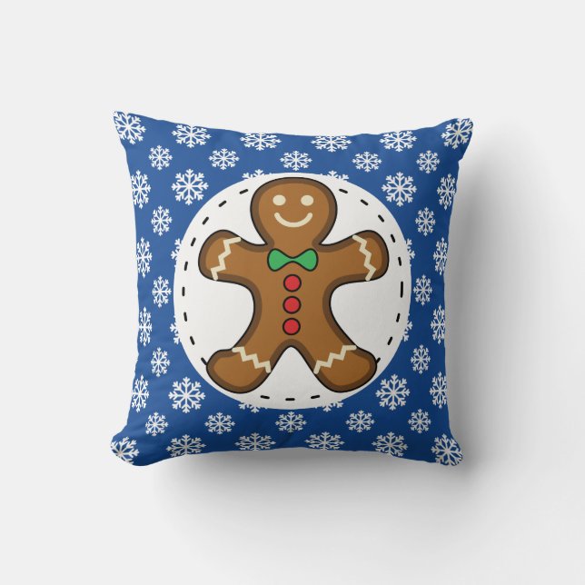 Gingerbrot Man on Blue White Snowflakes Pattern Kissen (Vorderseite)