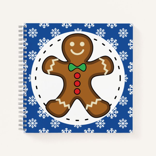 Gingerbrot Man on Blue White Snowflakes Pattern Notizbuch (Vorderseite)
