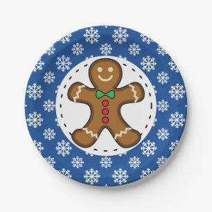 Gingerbrot Man on Blue White Snowflakes Pattern Pappteller
