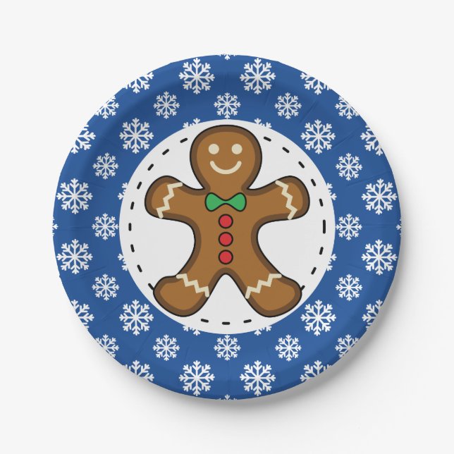Gingerbrot Man on Blue White Snowflakes Pattern Pappteller (Vorderseite)