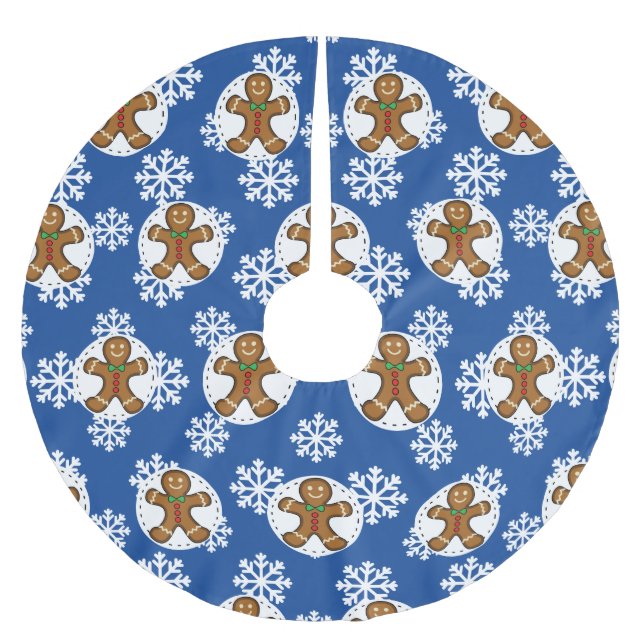 Gingerbrot Man on Blue White Snowflakes Pattern Polyester Weihnachtsbaumdecke (Vorderseite)