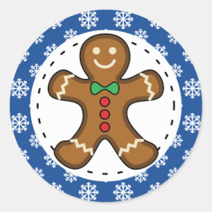 Gingerbrot Man on Blue White Snowflakes Pattern Runder Aufkleber