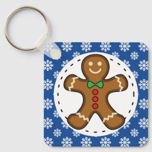 Gingerbrot Man on Blue White Snowflakes Pattern Schlüsselanhänger