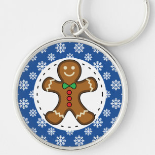 Gingerbrot Man on Blue White Snowflakes Pattern Schlüsselanhänger