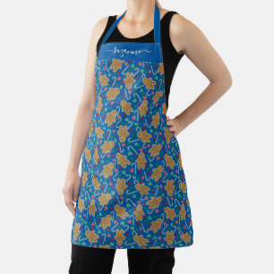 Gingerbrot Man Pfefferminzkerze auf blauem Muster Schürze