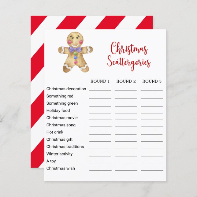 Gingerbrot Mann Weihnachts Scattergories Game Card (Vorne/Hinten)