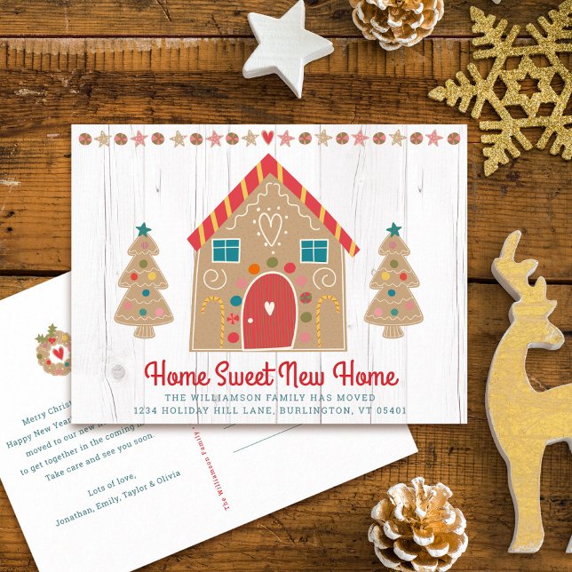 Gingerbrot Neue Zuhause Rustic Wood Holiday Moving Ankündigungspostkarte (Von Creator hochgeladen)