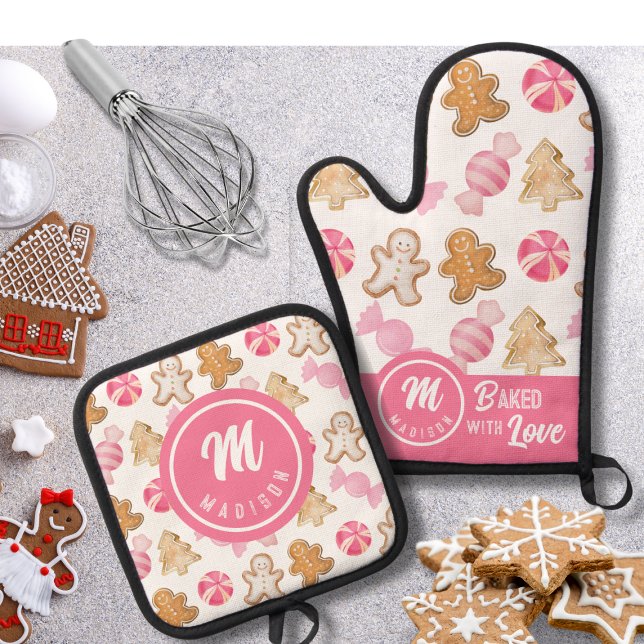 Gingerbrot und Sugarplum Monogramm Ofenhandschuh & Topflappen-Set (Von Creator hochgeladen)