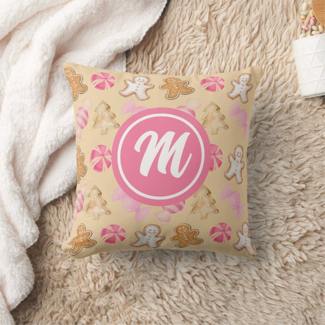 Gingerbrot und Sugarplum Pink Monogram Muster Kissen (Decke)